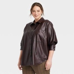a new day Faux Leather Button Down Brown Blazer Top || Size: XXL
